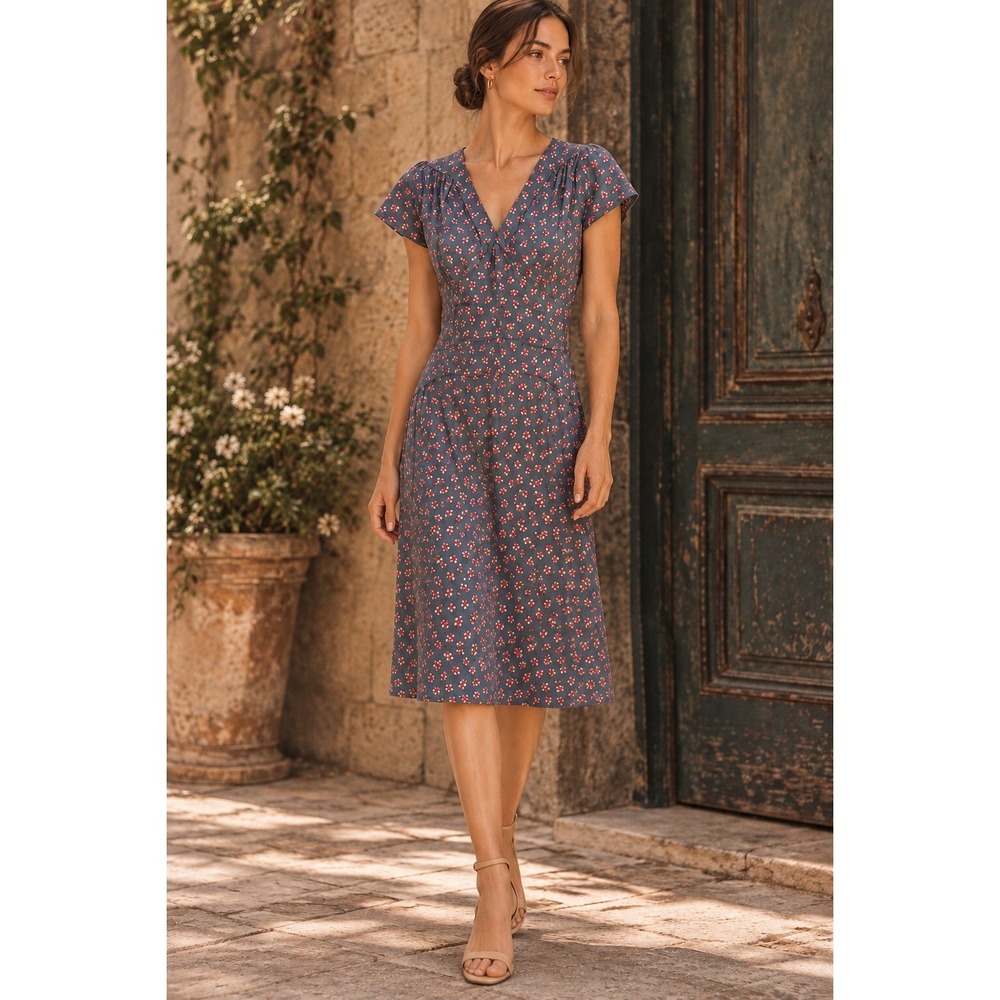 Sundance 100% Silk Dress 6 Blue Red Floral Print Twee Cottagecore Indie Retro